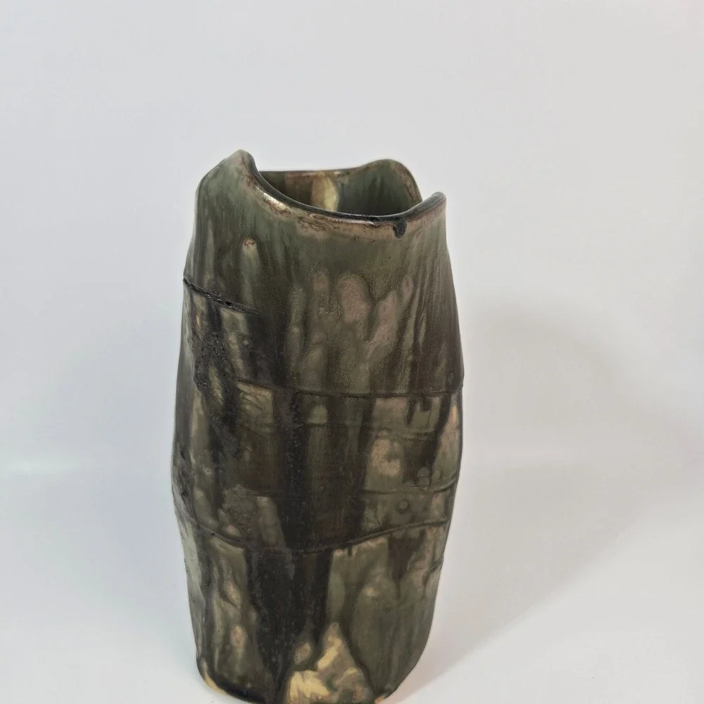 Studio Art Pottery Vase Green Charcoal Drip Glaze Organic Brutalist Stoneware 10